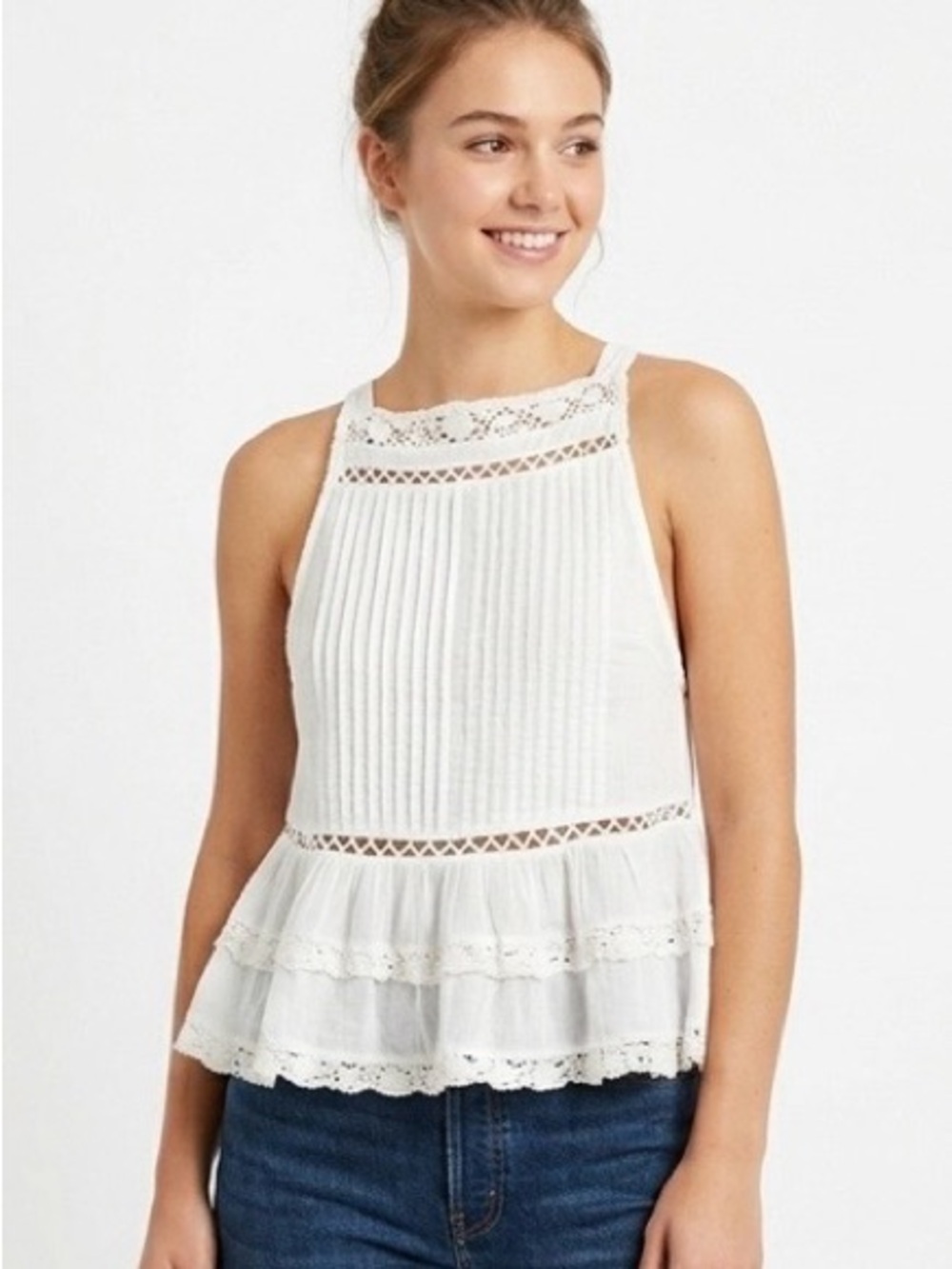 Free People White Lace Pintuck Sleeveless Peplum Blouse - Size Small - Picture 3 of 10